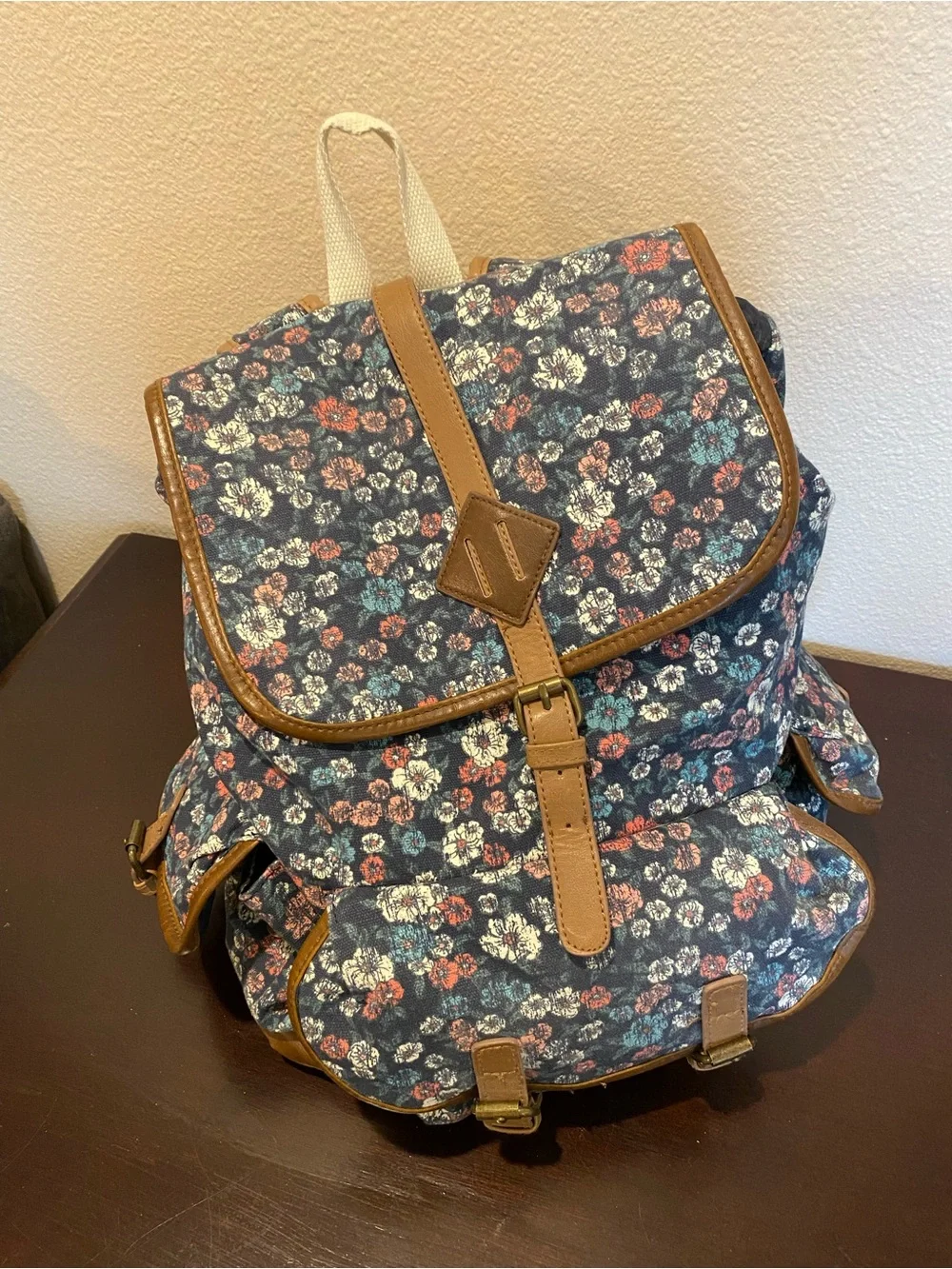 Vintage Y2K 90s MUDD Canvas Floral Print Boho Backpack Satchel Bag Faux Leather